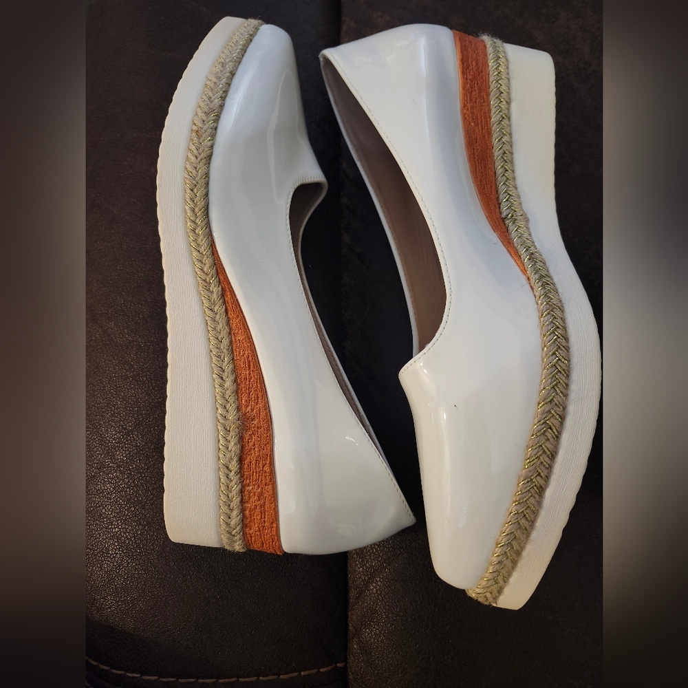 Size 10 - SHEIN White Patent Platform Espadrille Slip-Ons with Tan Detail